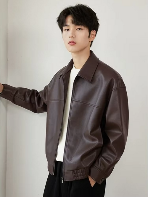 2025 New Edgy Urban Leather Jacket Men's Short Sleeve Streetwear Coat Premium Genuine Leather