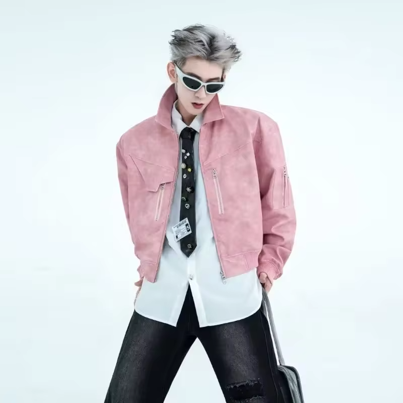 Men's Short Motorcycle Jacket PU Leather Vintage Distressed Design Spring Autumn Fashion Coat