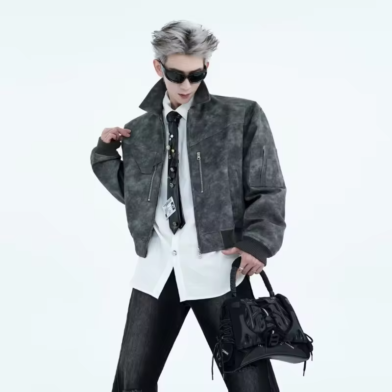 Men's Short Motorcycle Jacket PU Leather Vintage Distressed Design Spring Autumn Fashion Coat