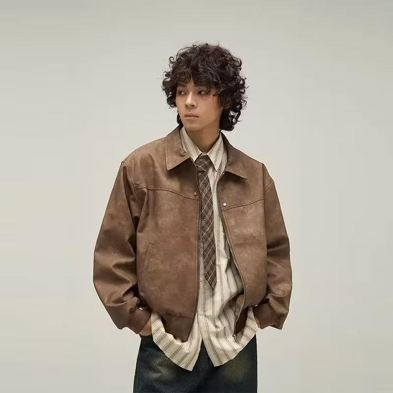 Men's Short Motorcycle Jacket PU Leather Vintage Distressed Design Spring Autumn Fashion Coat