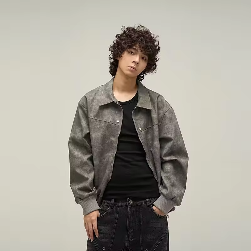 Men's Short Motorcycle Jacket PU Leather Vintage Distressed Design Spring Autumn Fashion Coat