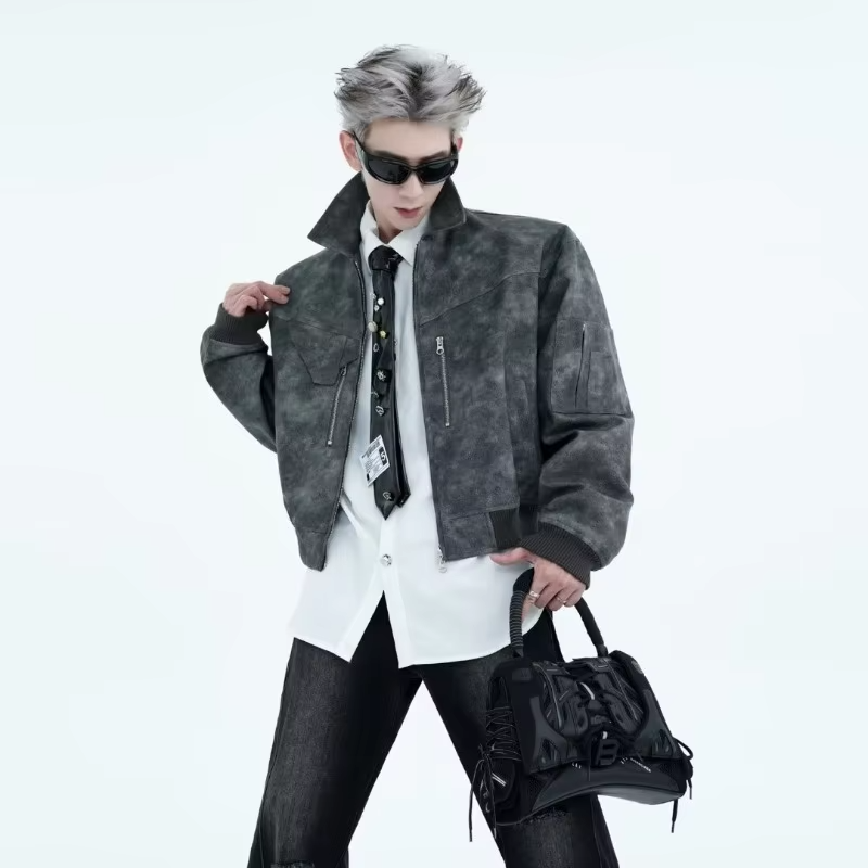 Men's Short Motorcycle Jacket PU Leather Vintage Distressed Design Spring Autumn Fashion Coat