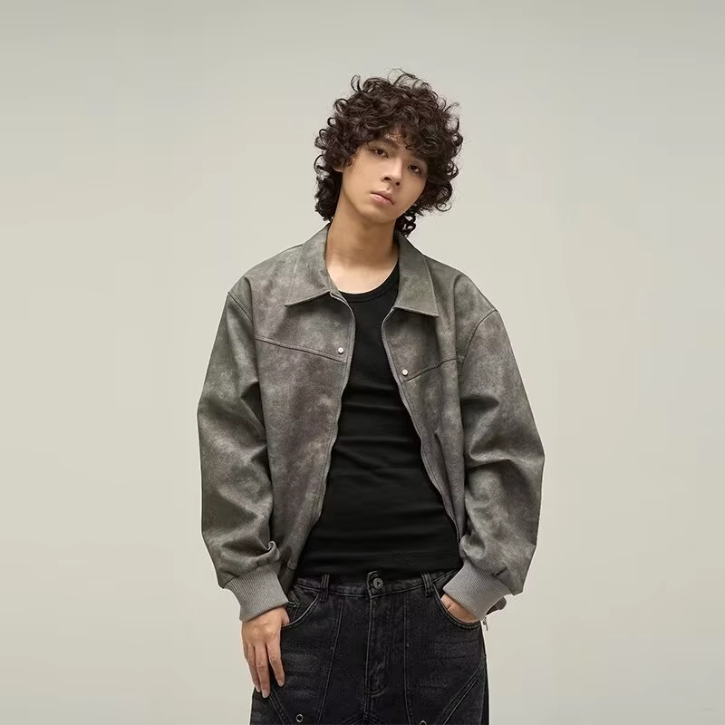 Men's Short Motorcycle Jacket PU Leather Vintage Distressed Design Spring Autumn Fashion Coat