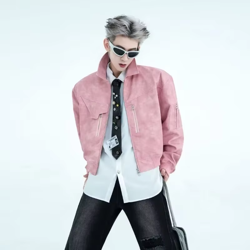 Men's Short Motorcycle Jacket PU Leather Vintage Distressed Design Spring Autumn Fashion Coat