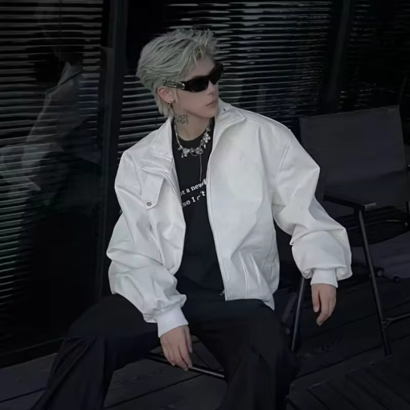 Limited Edition Men's PU Leather Jacket Urban High Street Shoulder Pads Short Sleeve Autumn Jacket