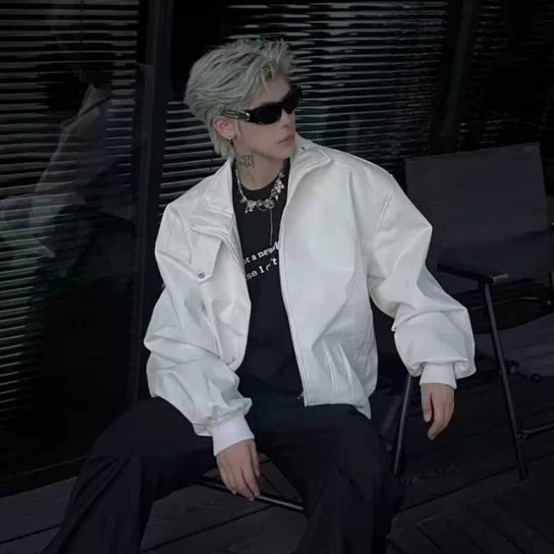 Limited Edition Men's PU Leather Jacket Urban High Street Shoulder Pads Short Sleeve Autumn Jacket