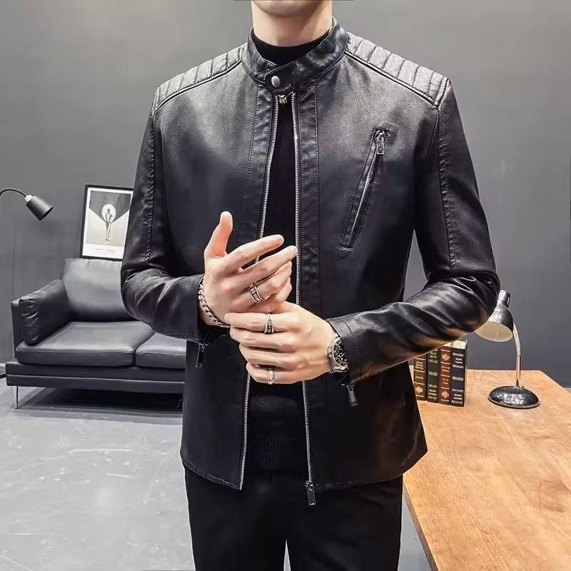 Men's Slim Fit Motorcycle Jacket Short Sleeve Leather Coat for Spring Autumn Youthful Casual Design with Standing Collar
