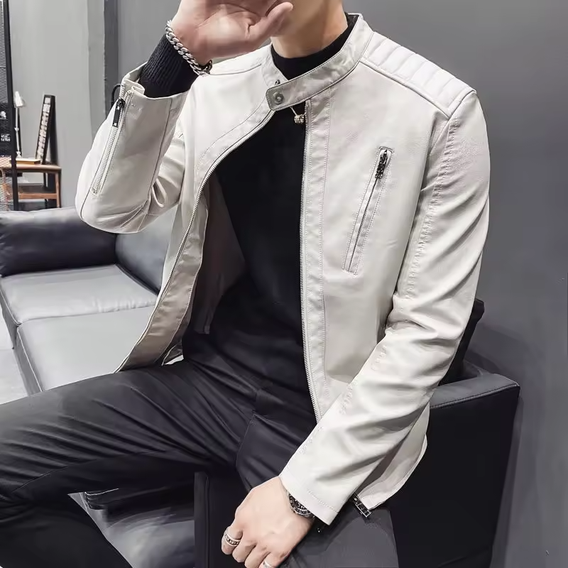 Men's Slim Fit Motorcycle Jacket Short Sleeve Leather Coat for Spring Autumn Youthful Casual Design with Standing Collar