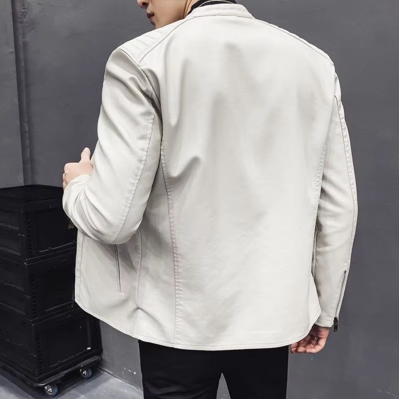 Men's Slim Fit Motorcycle Jacket Short Sleeve Leather Coat for Spring Autumn Youthful Casual Design with Standing Collar