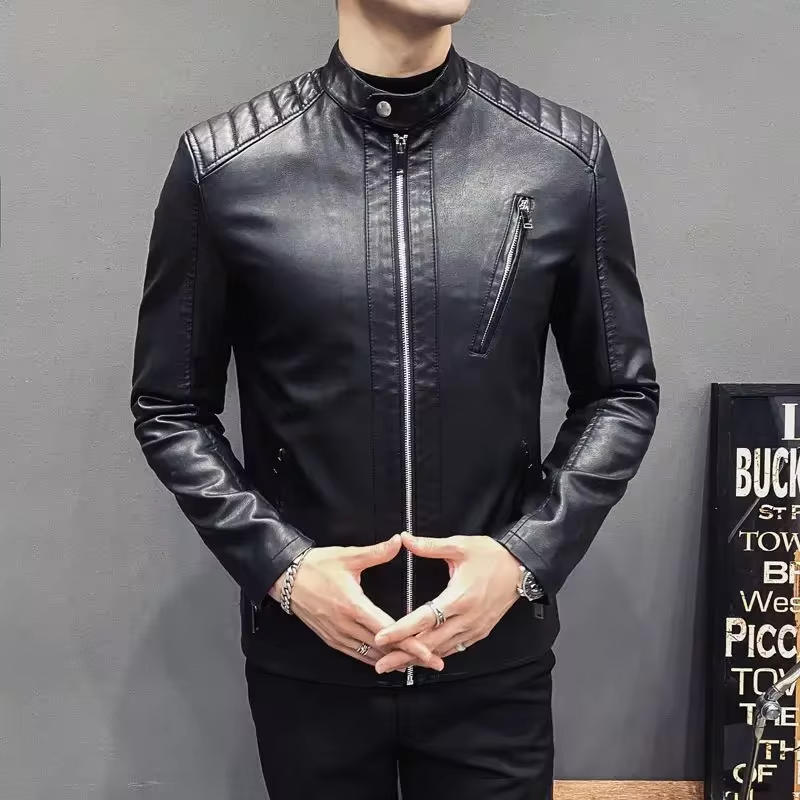 Men's Slim Fit Motorcycle Jacket Short Sleeve Leather Coat for Spring Autumn Youthful Casual Design with Standing Collar