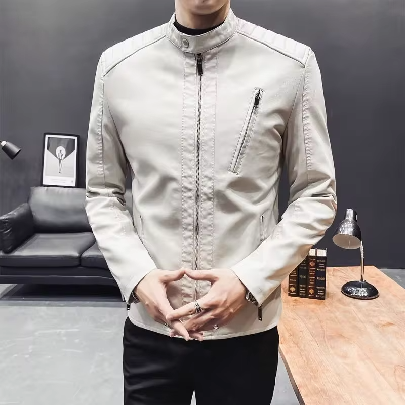 Men's Slim Fit Motorcycle Jacket Short Sleeve Leather Coat for Spring Autumn Youthful Casual Design with Standing Collar