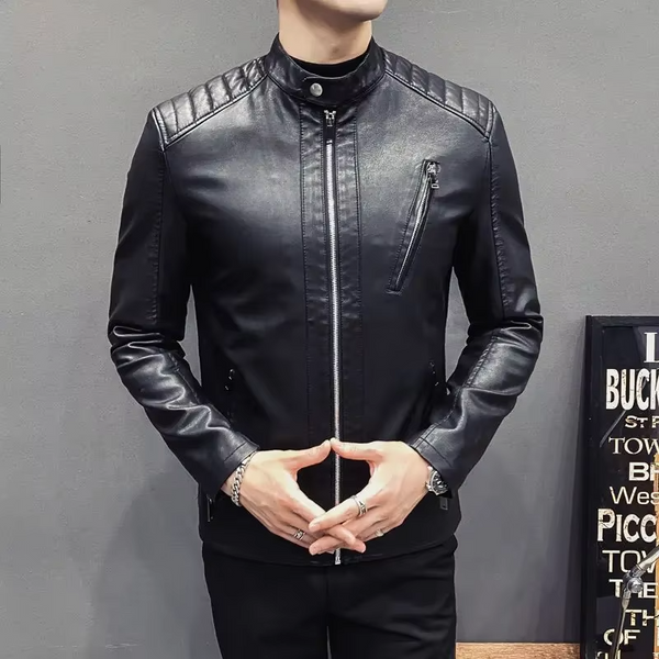 Men's Slim Fit Motorcycle Jacket Short Sleeve Leather Coat for Spring Autumn Youthful Casual Design with Standing Collar