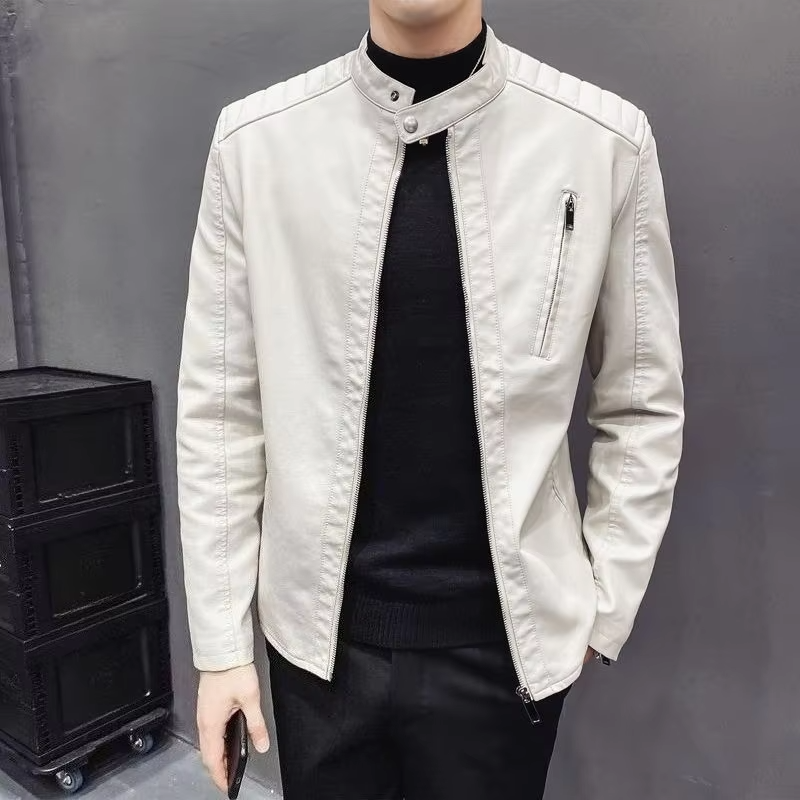 Men's Slim Fit Motorcycle Jacket Short Sleeve Leather Coat for Spring Autumn Youthful Casual Design with Standing Collar