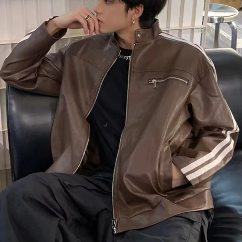 Niche American Retro PU Leather Coat Oversized Silhouette Square Shoulder Unisex Spring Fall Vintage High End Jacket