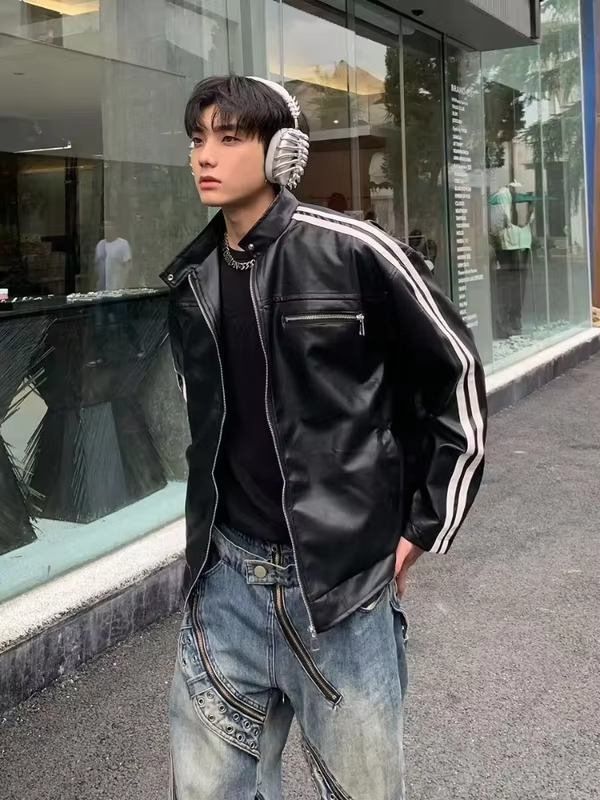 Niche American Retro PU Leather Coat Oversized Silhouette Square Shoulder Unisex Spring Fall Vintage High End Jacket
