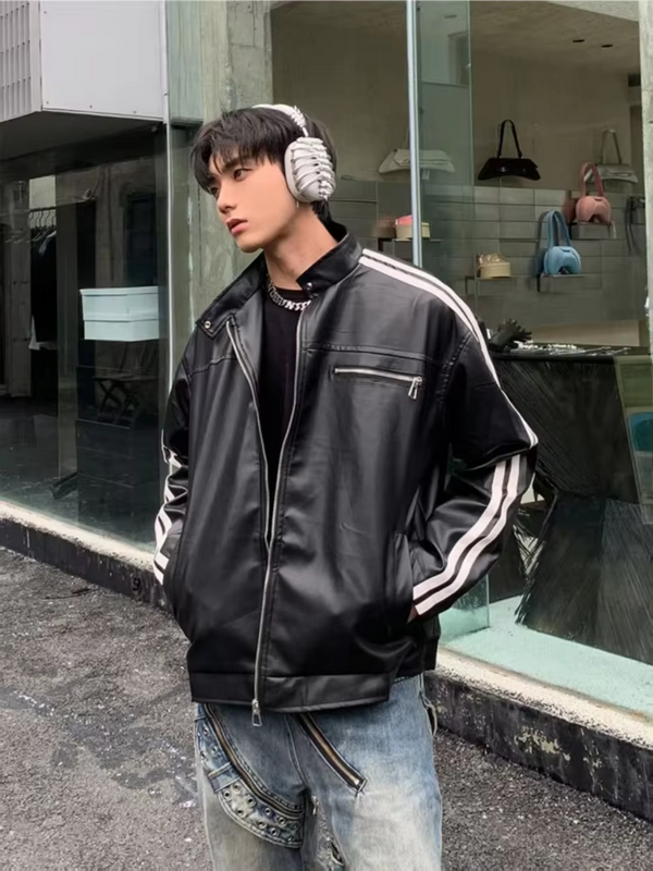 Niche American Retro PU Leather Coat Oversized Silhouette Square Shoulder Unisex Spring Fall Vintage High End Jacket