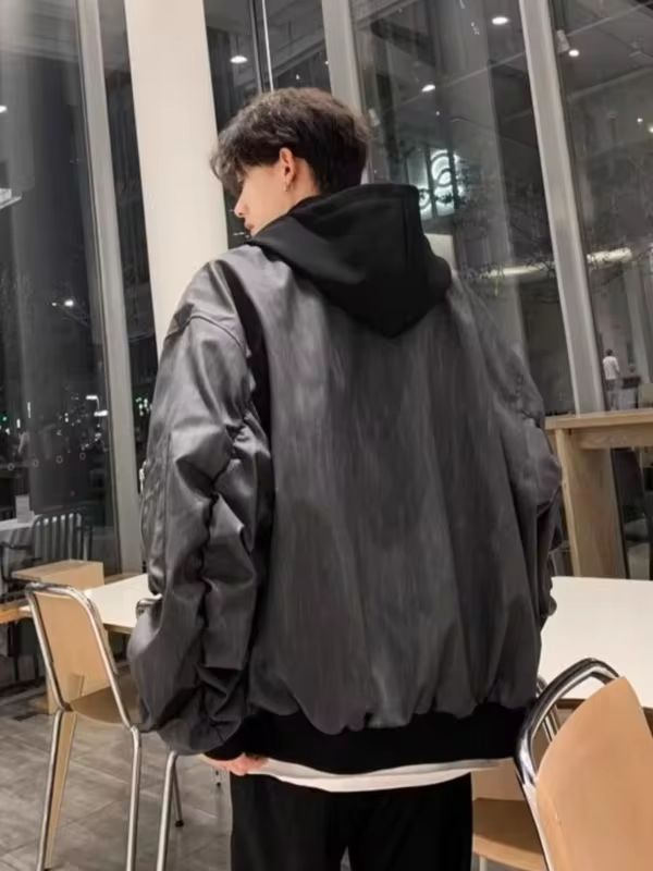 Men's Autumn Double Layer Hooded Jacket Loose Fit Badass Leather Coat Versatile Streetwear Jacket for Daily Wear Biker Style