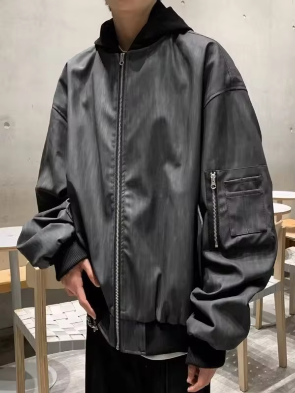 Men's Autumn Double Layer Hooded Jacket Loose Fit Badass Leather Coat Versatile Streetwear Jacket for Daily Wear Biker Style