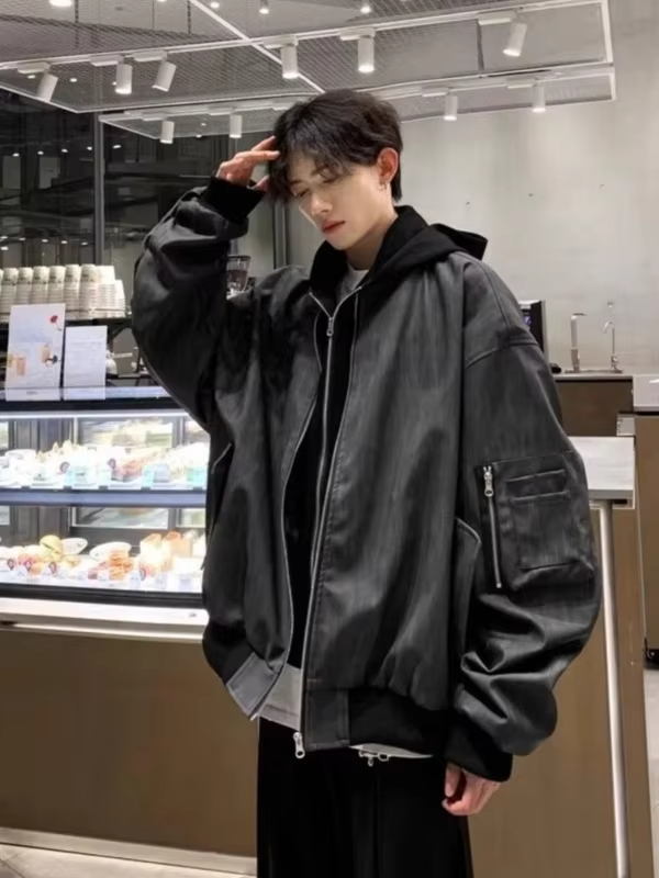 Men's Autumn Double Layer Hooded Jacket Loose Fit Badass Leather Coat Versatile Streetwear Jacket for Daily Wear Biker Style