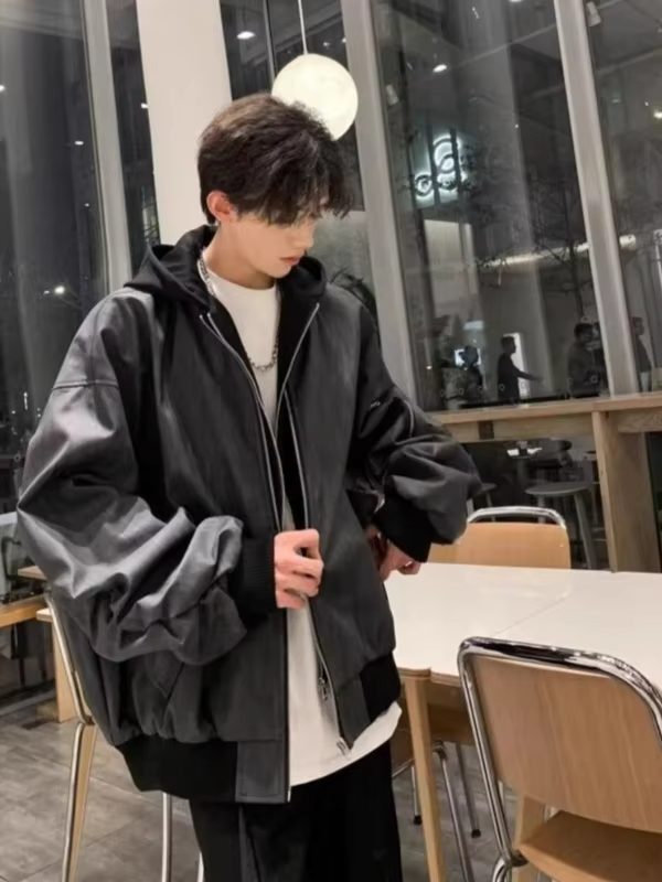 Men's Autumn Double Layer Hooded Jacket Loose Fit Badass Leather Coat Versatile Streetwear Jacket for Daily Wear Biker Style