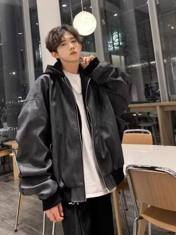 Men's Autumn Double Layer Hooded Jacket Loose Fit Badass Leather Coat Versatile Streetwear Jacket for Daily Wear Biker Style