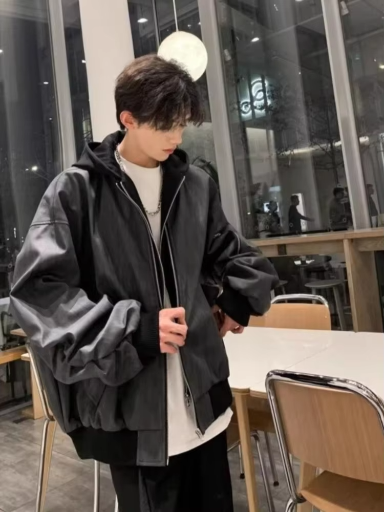 Men's Autumn Double Layer Hooded Jacket Loose Fit Badass Leather Coat Versatile Streetwear Jacket for Daily Wear Biker Style