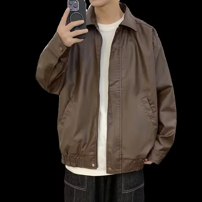 Streetwear Essential Men's Brown PU Leather Jacket Oversized Motorcycle Coat for Autumn Retro American Style Leather Jacket
