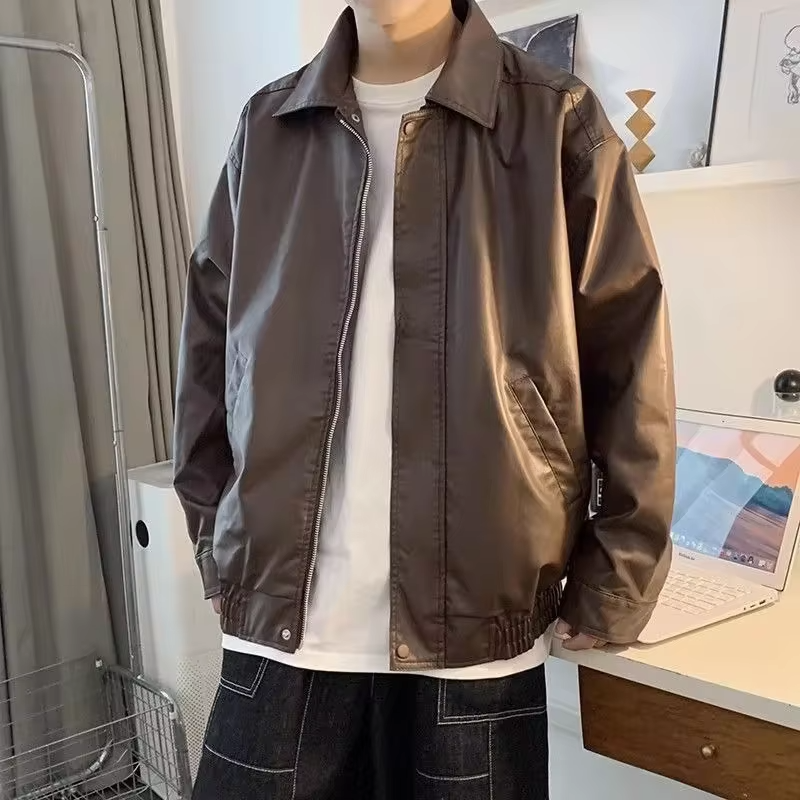 Streetwear Essential Men's Brown PU Leather Jacket Oversized Motorcycle Coat for Autumn Retro American Style Leather Jacket