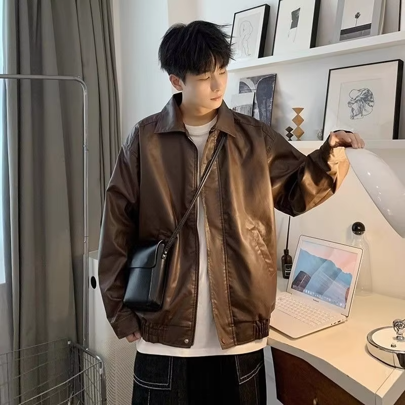 Streetwear Essential Men's Brown PU Leather Jacket Oversized Motorcycle Coat for Autumn Retro American Style Leather Jacket