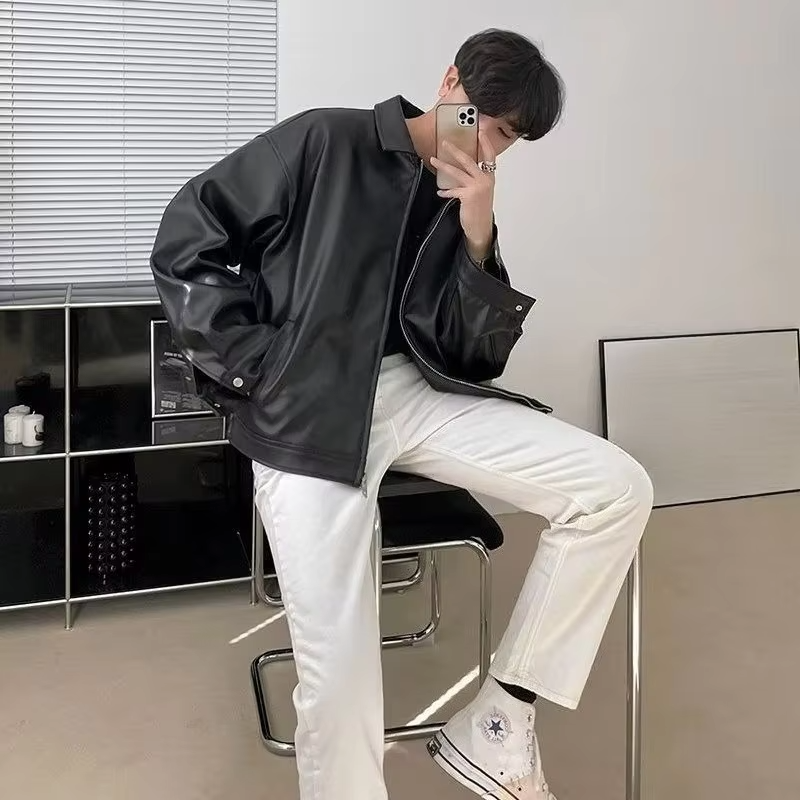 Trendy Men's PU Leather Retro Jacket Oversized Biker Style Casual Winter Coat with Zippered Pockets