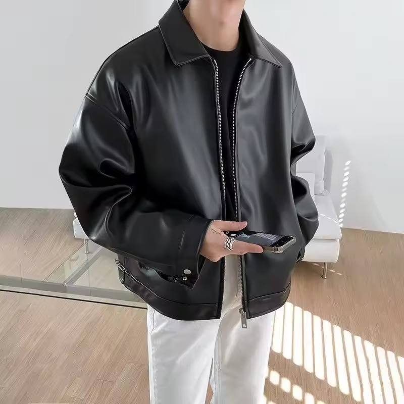Trendy Men's PU Leather Retro Jacket Oversized Biker Style Casual Winter Coat with Zippered Pockets