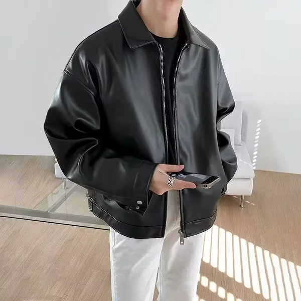 Trendy Men's PU Leather Retro Jacket Oversized Biker Style Casual Winter Coat with Zippered Pockets