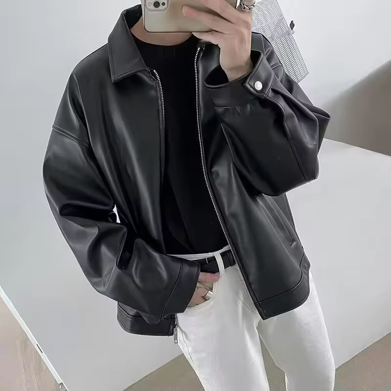 Trendy Men's PU Leather Retro Jacket Oversized Biker Style Casual Winter Coat with Zippered Pockets