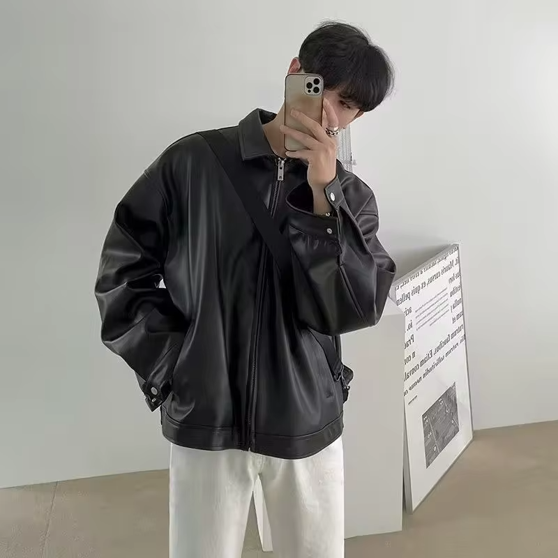 Trendy Men's PU Leather Retro Jacket Oversized Biker Style Casual Winter Coat with Zippered Pockets