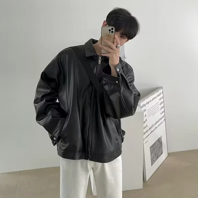 Trendy Men's PU Leather Retro Jacket Oversized Biker Style Casual Winter Coat with Zippered Pockets