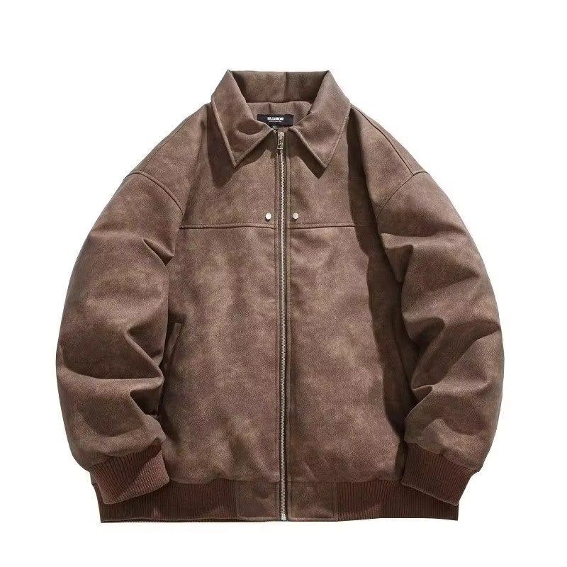 Classic Retro Leather Jacket for Men Women Brown Maillard Color Oversized Biker Coat Couple Version