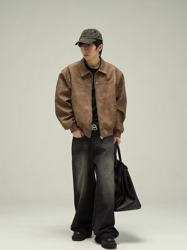 Classic Retro Leather Jacket for Men Women Brown Maillard Color Oversized Biker Coat Couple Version