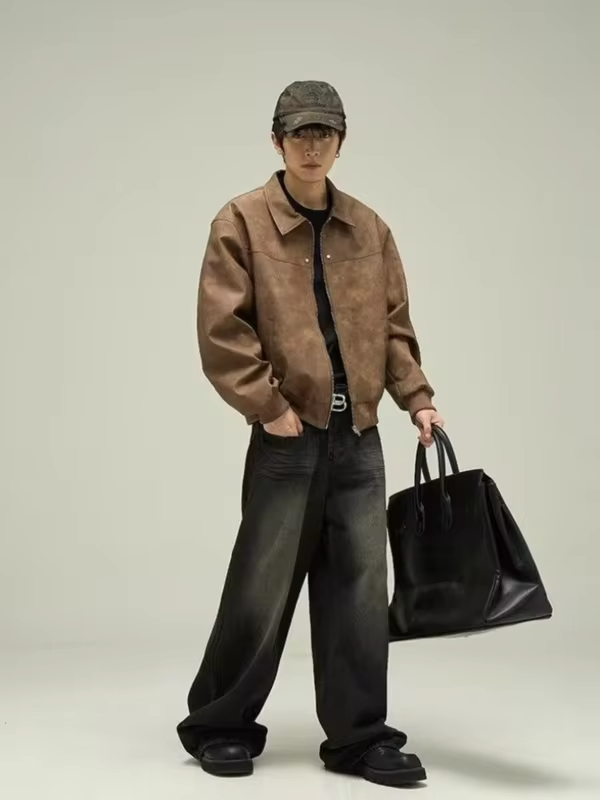 Classic Retro Leather Jacket for Men Women Brown Maillard Color Oversized Biker Coat Couple Version