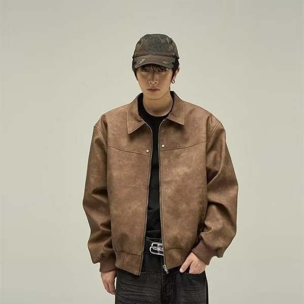 Classic Retro Leather Jacket for Men Women Brown Maillard Color Oversized Biker Coat Couple Version
