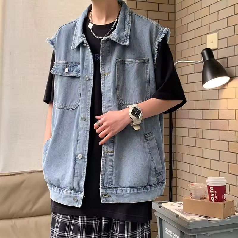 2025 Trendy Men's Denim Vest Jacket Loose Cut with Worn In Texture Casual Layering Piece for Outdoor Daily Wear