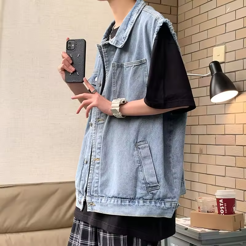 2025 Trendy Men's Denim Vest Jacket Loose Cut with Worn In Texture Casual Layering Piece for Outdoor Daily Wear