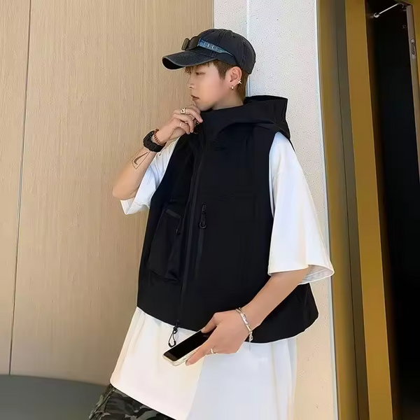 Short Sleeve Workwear Vest  American Retro Cargo Jacket with Pockets  Lightweight Windproof Outer Layer