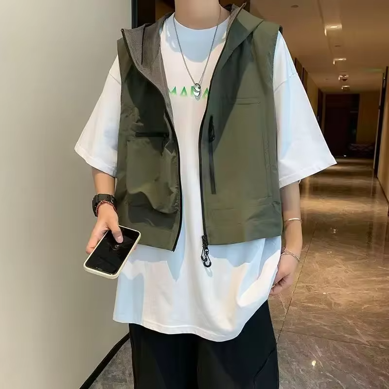 Short Sleeve Workwear Vest  American Retro Cargo Jacket with Pockets  Lightweight Windproof Outer Layer