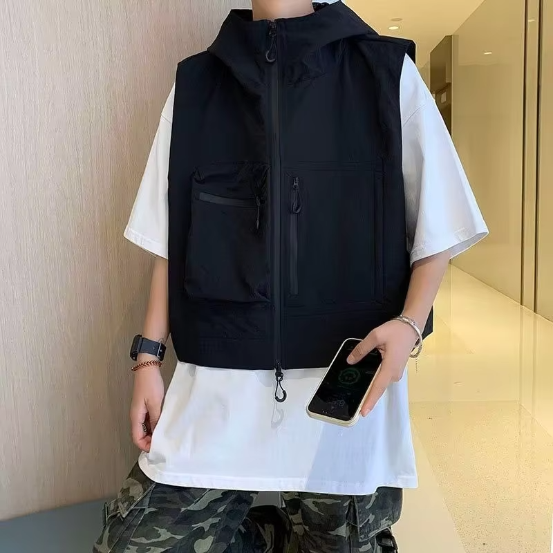 Short Sleeve Workwear Vest  American Retro Cargo Jacket with Pockets  Lightweight Windproof Outer Layer