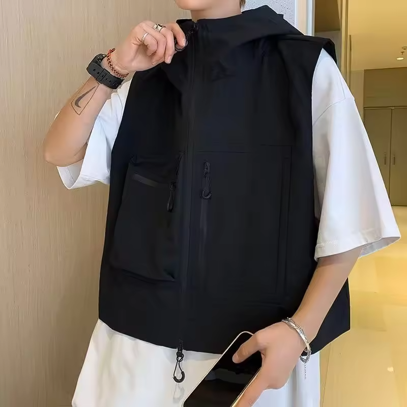 Short Sleeve Workwear Vest  American Retro Cargo Jacket with Pockets  Lightweight Windproof Outer Layer