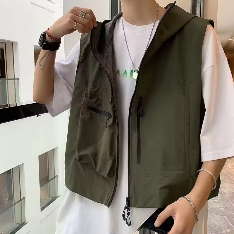 Short Sleeve Workwear Vest  American Retro Cargo Jacket with Pockets  Lightweight Windproof Outer Layer