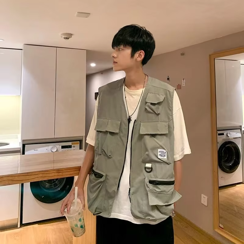 INS Trendy Vest Jacket for Men Functional Loose Sleeveless Jacket Hong Kong Japanese Style Multi Pocket Summer Workwear