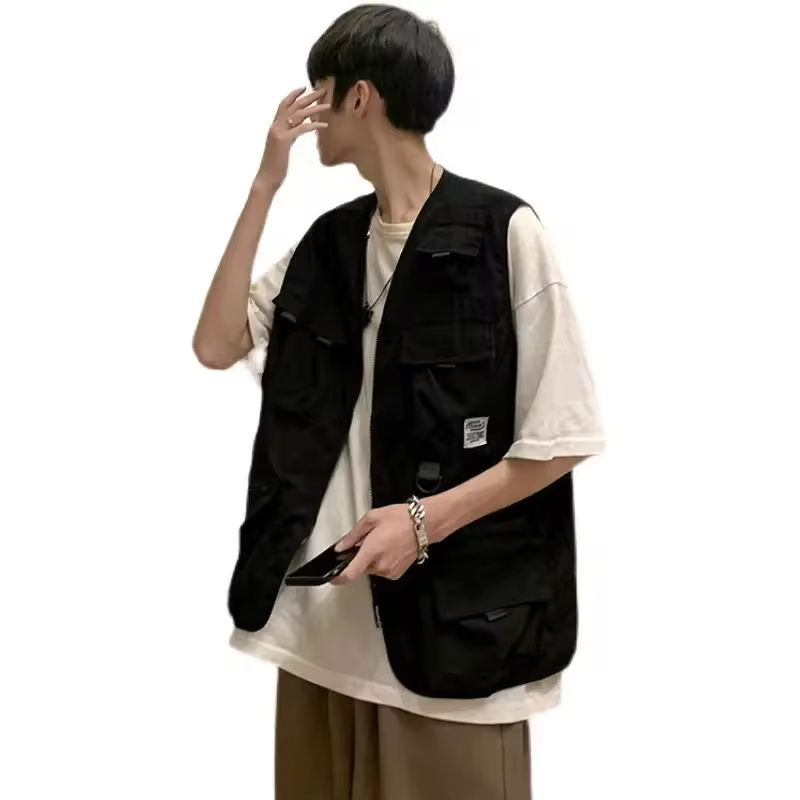 INS Trendy Vest Jacket for Men Functional Loose Sleeveless Jacket Hong Kong Japanese Style Multi Pocket Summer Workwear