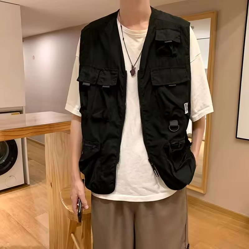 INS Trendy Vest Jacket for Men Functional Loose Sleeveless Jacket Hong Kong Japanese Style Multi Pocket Summer Workwear