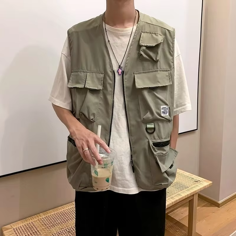 INS Trendy Vest Jacket for Men Functional Loose Sleeveless Jacket Hong Kong Japanese Style Multi Pocket Summer Workwear